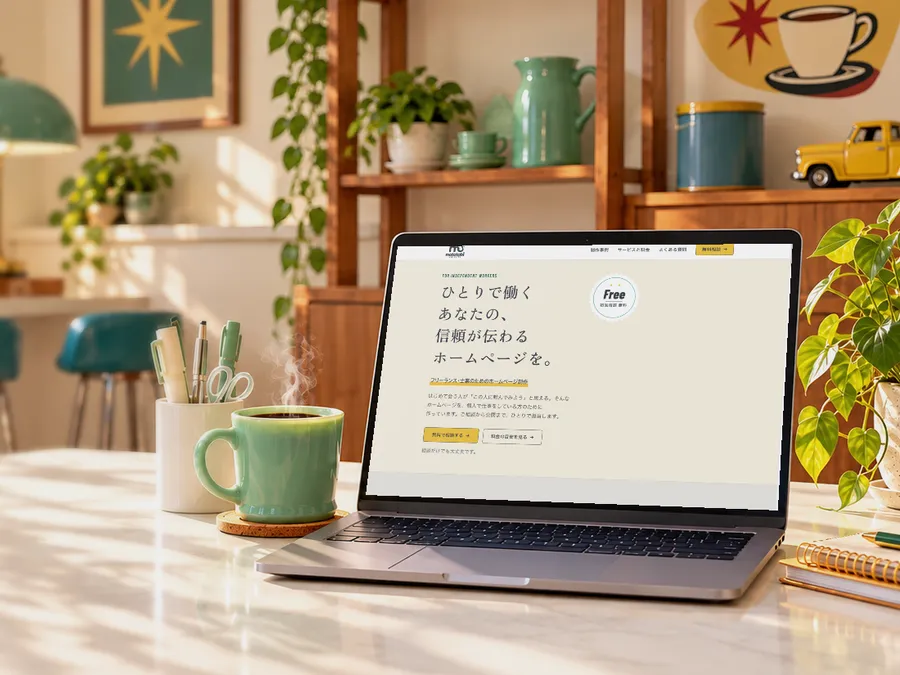 ノートパソコンの画面に matatabi web works のトップページを表示したイメージ